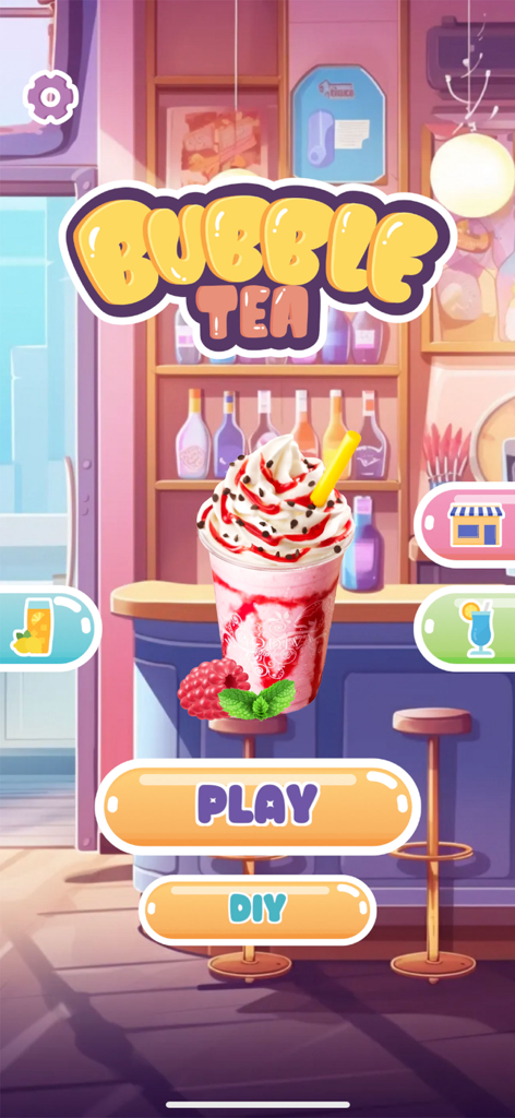 Drink & Make Boba Bubble Tea - Menú principal del juego Boba Bubble Tea con una bebida rosa con crema batida y botones de reproducción.