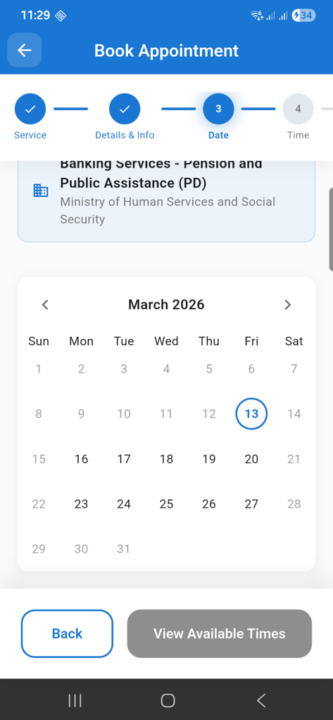 Pantalla de la aplicación GovConnect para seleccionar una fecha de cita para servicios gubernamentales de Guyana