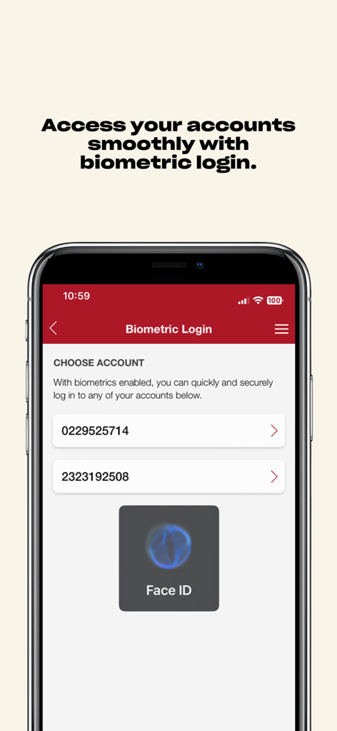 Vancity mobile banking app biometric login screen with Face ID option
