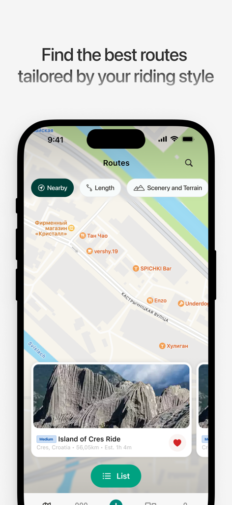 MotoTrail app interface showing a map for discovering custom motorcycle routes based on scenery and terrain.