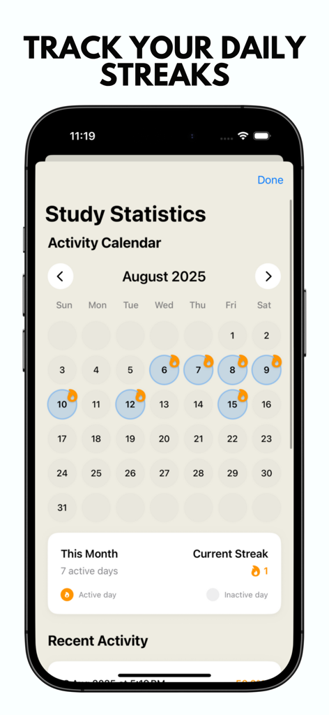 JurisNova: Legal Dictionary - JurisNova app study statistics screen showing an activity calendar and daily learning streaks.