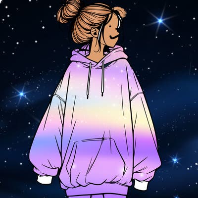 realistic girl with a oversized sweatshirt on and a bun
