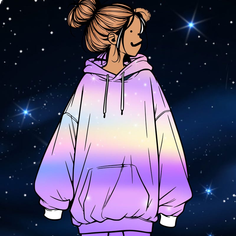 realistic girl with a oversized sweatshirt on and a bun