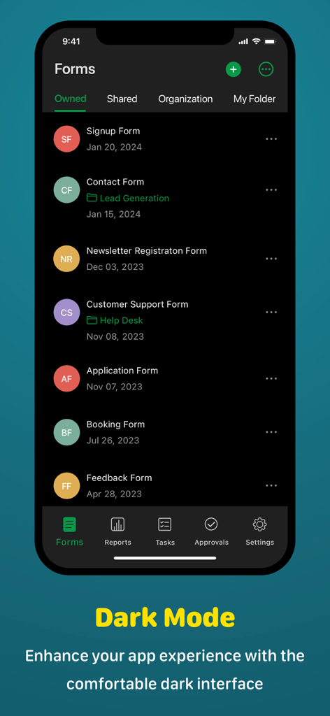 Zoho Forms mobile app displaying a list of forms in dark mode interface