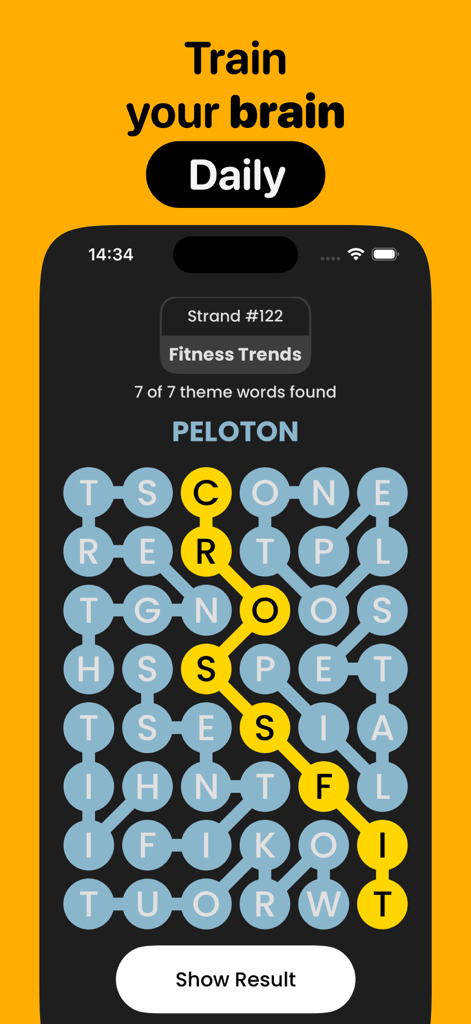 Strands Puzzle: Find Words - A mobile game screen from Strands Puzzle showing a completed word search level about fitness trends.