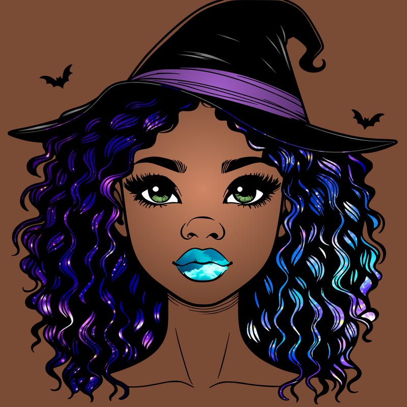 realistic black girl with wavy hair and witch hat and nose and lips