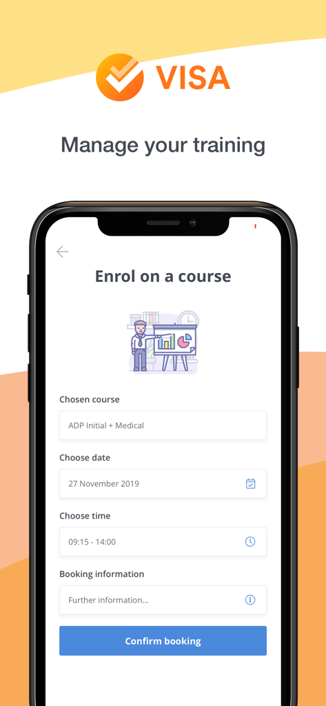 AIRDAT VISA mobile app screen showing the course enrolment and booking form for aviation training
