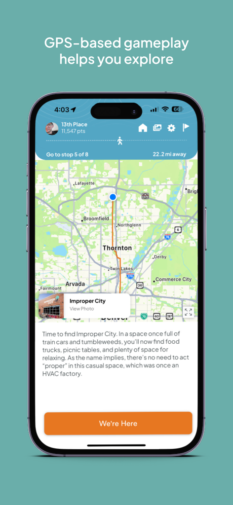 Let's Roam: Scavenger Hunts - Interfaccia dell'app Let's Roam che mostra una mappa basata su GPS per un'attività di caccia al tesoro in città.
