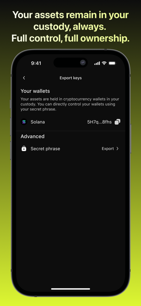 DexToro mobile app screen for managing self-custody wallet and secret phrases