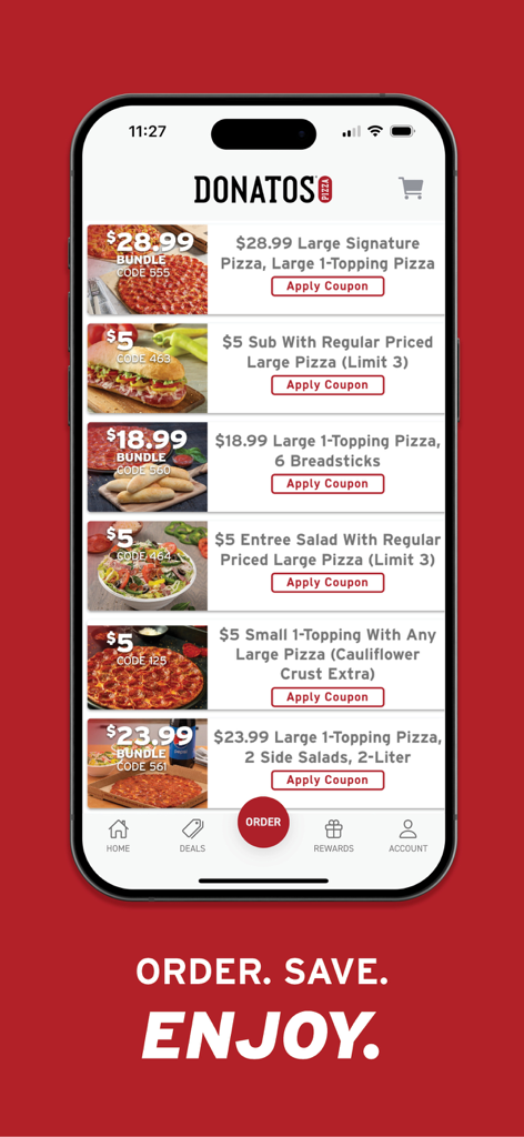 Screenshot of the Donatos Pizza mobile app showing various pizza coupons and bundle deals