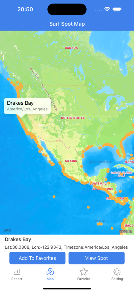 Surf Report - Surf Report app interactive map showing worldwide surf spot locations and details for Drakes Bay.