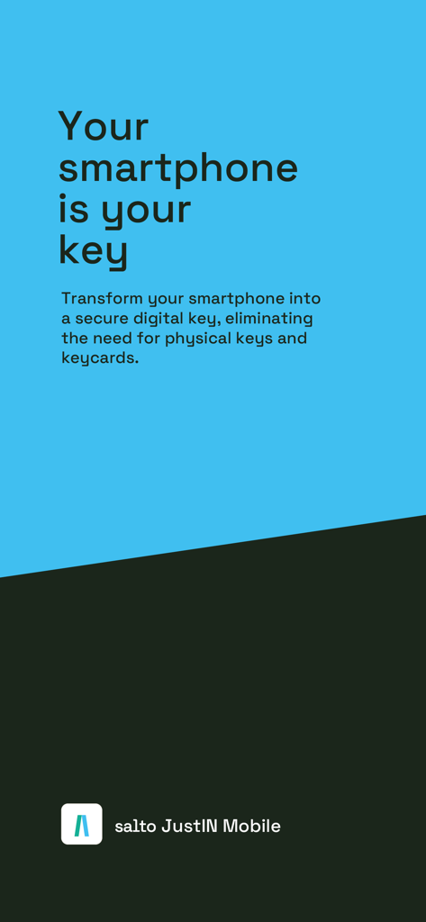Salto JustIN Mobile app promotional screen explaining how a smartphone becomes a secure digital key