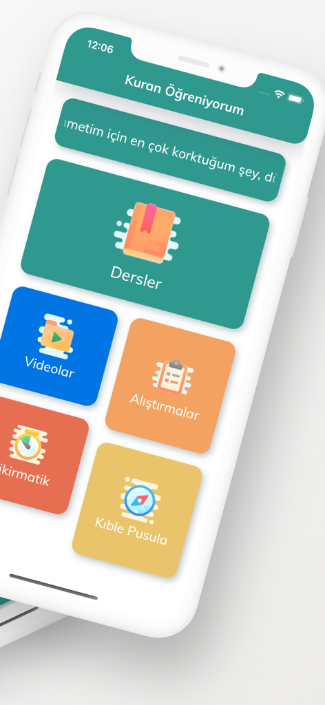 Learning Quran - Main dashboard of the Learning Quran mobile app showing menu options for lessons, videos, exercises, dhikr counter, and qibla compass