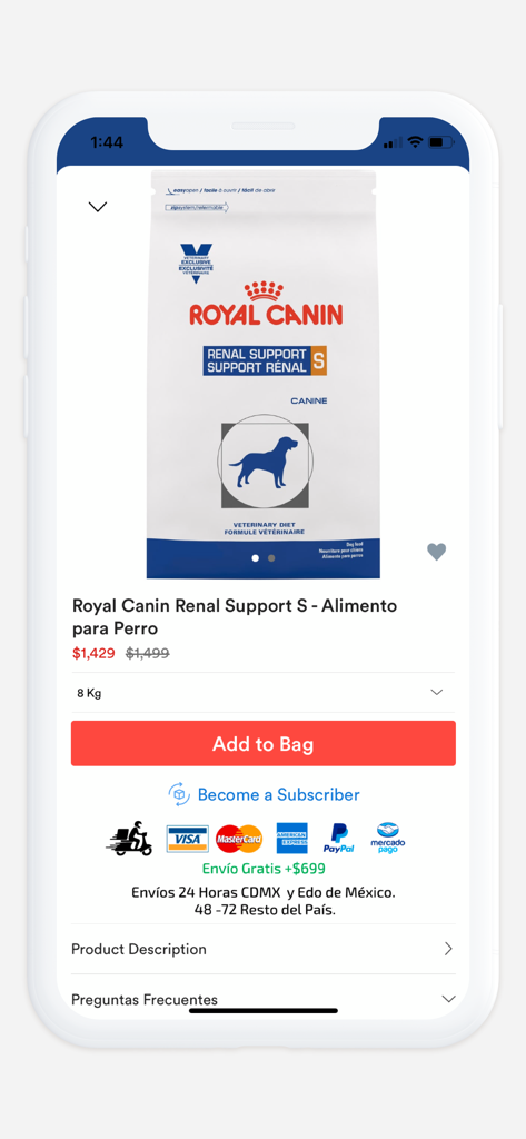 Veterinarias Mister Mascotas - Royal Canin Renal Support dog food product page on the Mister Mascotas veterinary shopping app