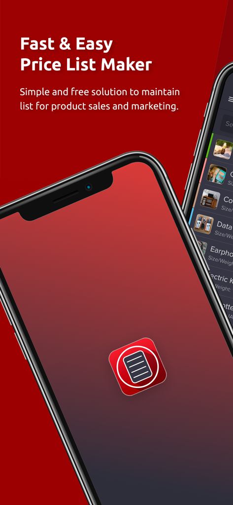 Make Price List & Invoice - Interfaccia dell'app Crea Liste Prezzi e Fatture che mostra una soluzione semplice per mantenere le liste di vendita e marketing dei prodotti.