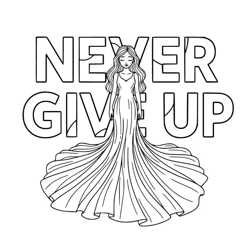 a girl with a really long dress and her eyes closed and letters behind her that say never give up