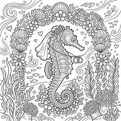 Prepare for an enchanting underwater wedding as a beautifully adorned Thorny Seahorse takes center stage. This intricate coloring page blends marine wonder with romantic celebration, offering a delightful escape for colorists of all ages.