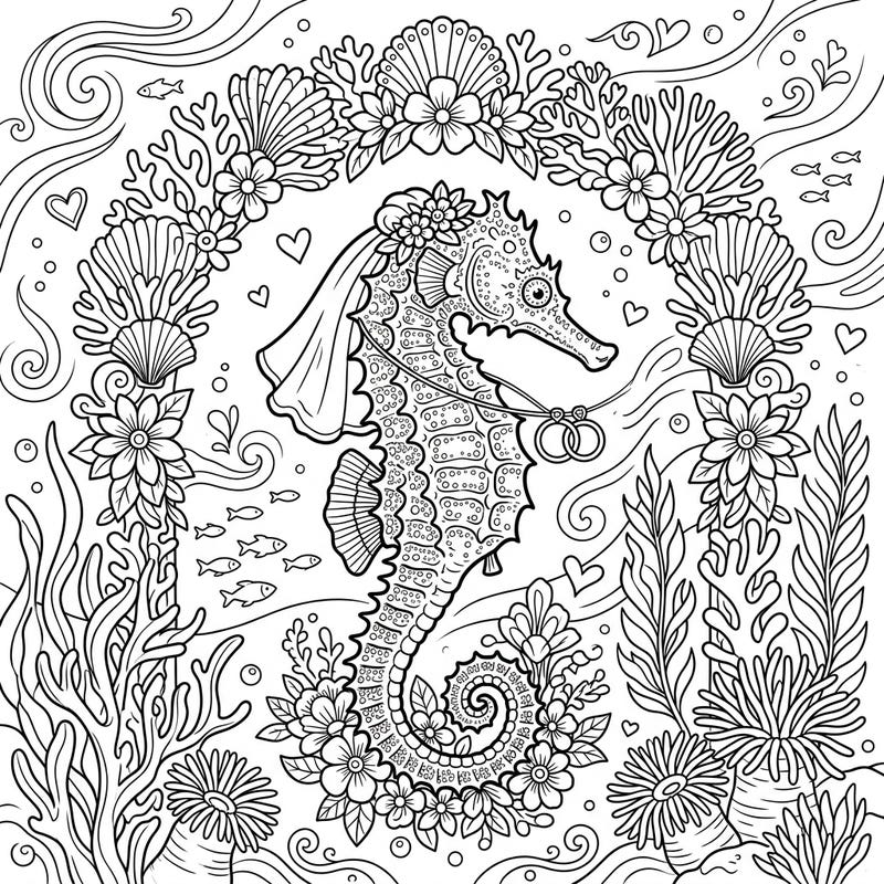 Prepare for an enchanting underwater wedding as a beautifully adorned Thorny Seahorse takes center stage. This intricate coloring page blends marine wonder with romantic celebration, offering a delightful escape for colorists of all ages.