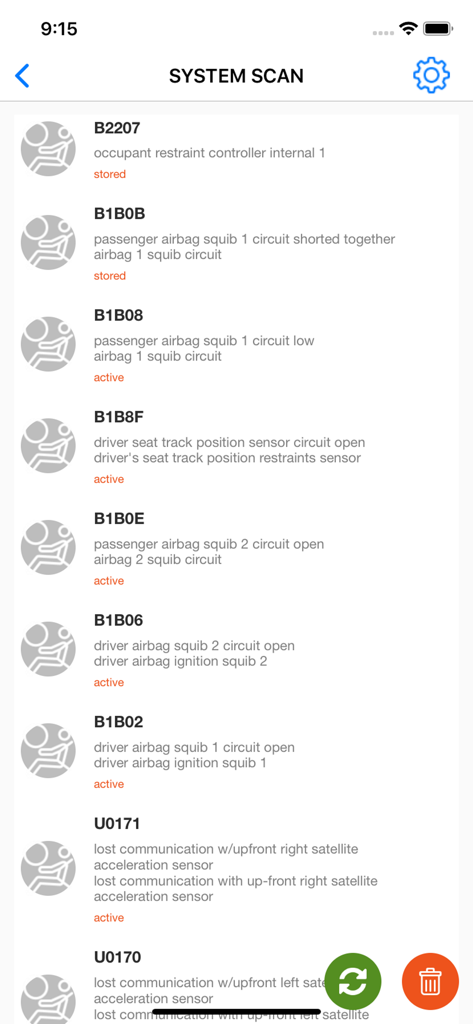 OBD JScan app displaying a list of diagnostic trouble codes from a system scan