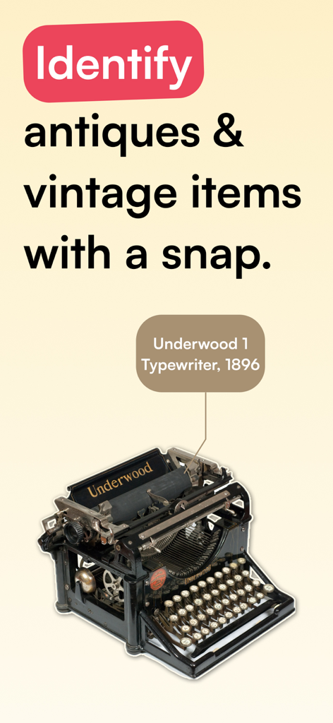 Curio app interface identifying an antique Underwood typewriter from 1896