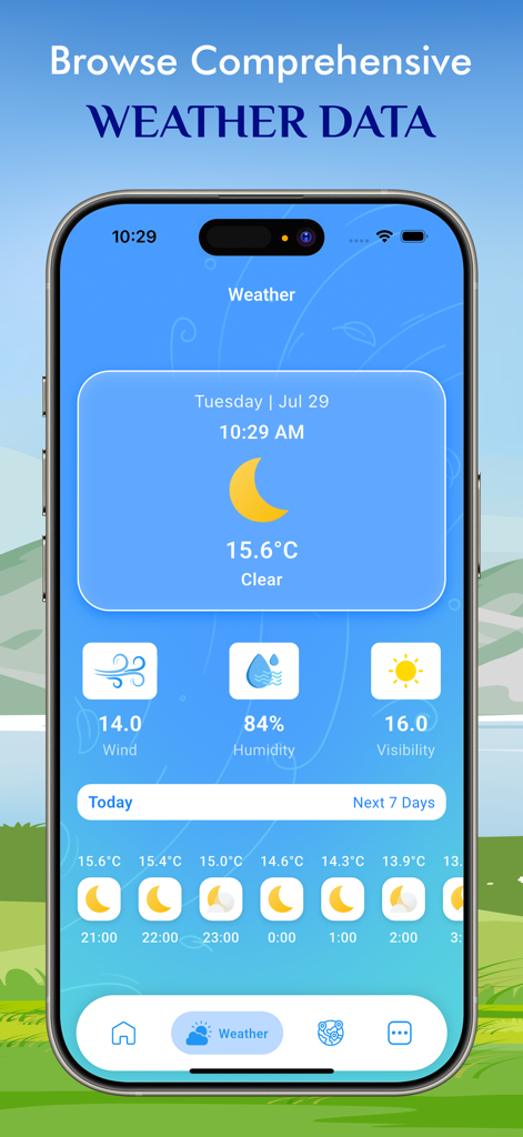 Interfaz de la aplicación del Índice de Calidad del Aire que muestra datos meteorológicos completos que incluyen temperatura, humedad y velocidad del viento.