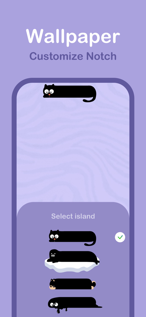 Cute pet: Self care pet widget - iPhone screen showing options to customize the dynamic island notch with cute black animal designs