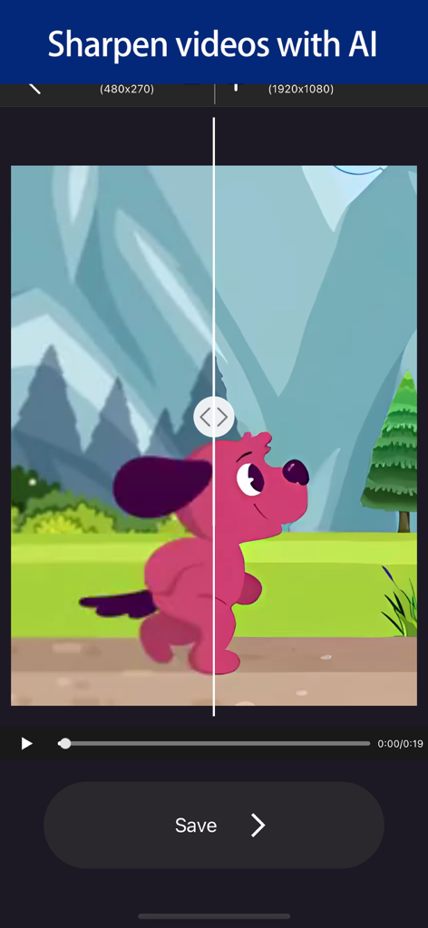 Before and after split screen showing AI video sharpening from low resolution to 1080p HD