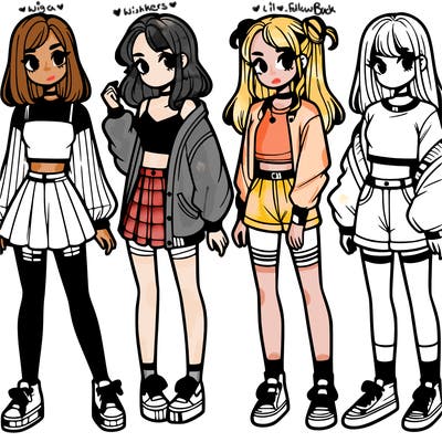 one girl with crop-top shirt and a jacket with a skirt, long socks and another girl with a shirt and pants with a jacket