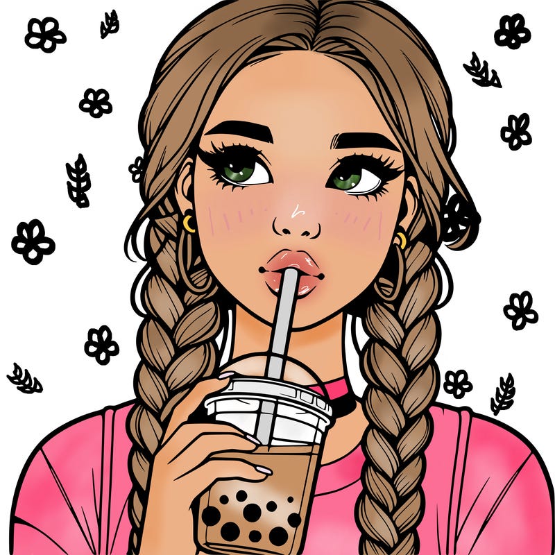 realistic girl with braided hair drinking boba