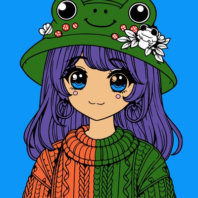 realistic girl wearing frog sweater and a frog hat with frog earrings