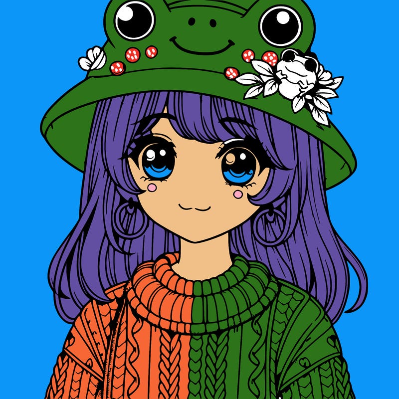 realistic girl wearing frog sweater and a frog hat with frog earrings