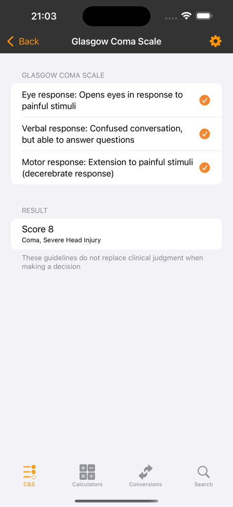 Glasgow Coma Scale calculator interface in the mediCS medical app showing a results score