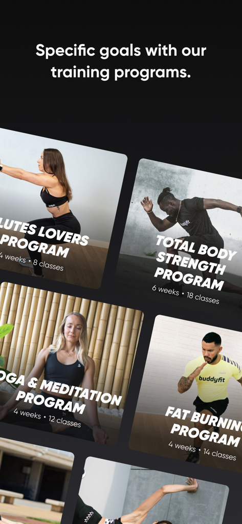 Buddyfit-App-Oberfläche mit spezifischen Workout-Programmen für Yoga-, Kraft- und Fettverbrennungsziele
