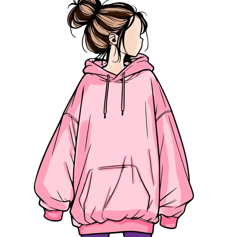 realistic girl with a oversized sweatshirt on and a bun