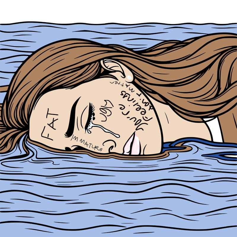 realistic woman laying in a sea of  her own tears