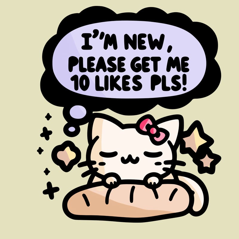 kitty taking a nap dream talking and saying "i'm new, please get me at least 10 likes pls!!"