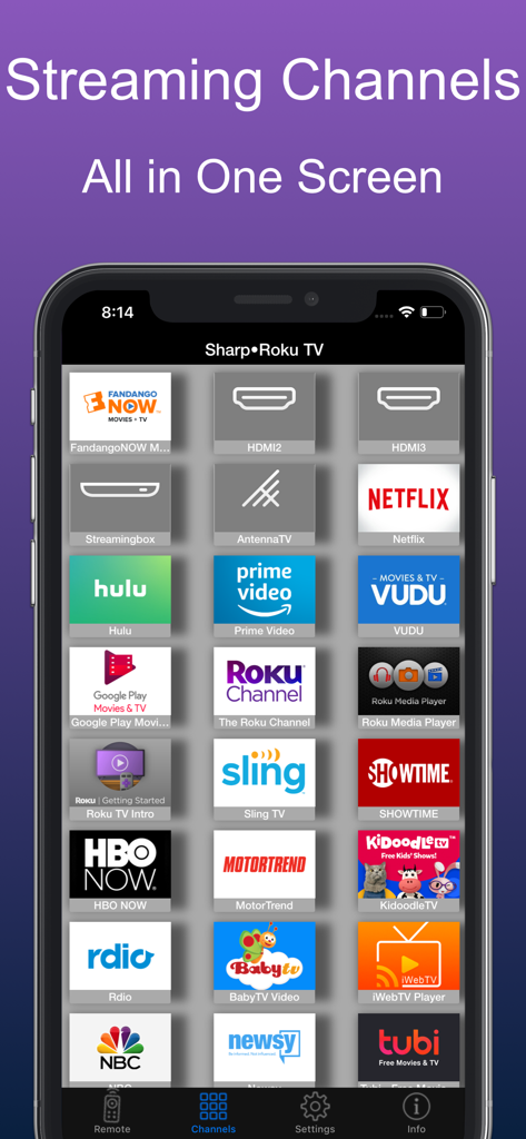 Interfaz de la aplicación de control remoto Roku TV que muestra una cuadrícula de accesos directos a canales de streaming y entradas de TV