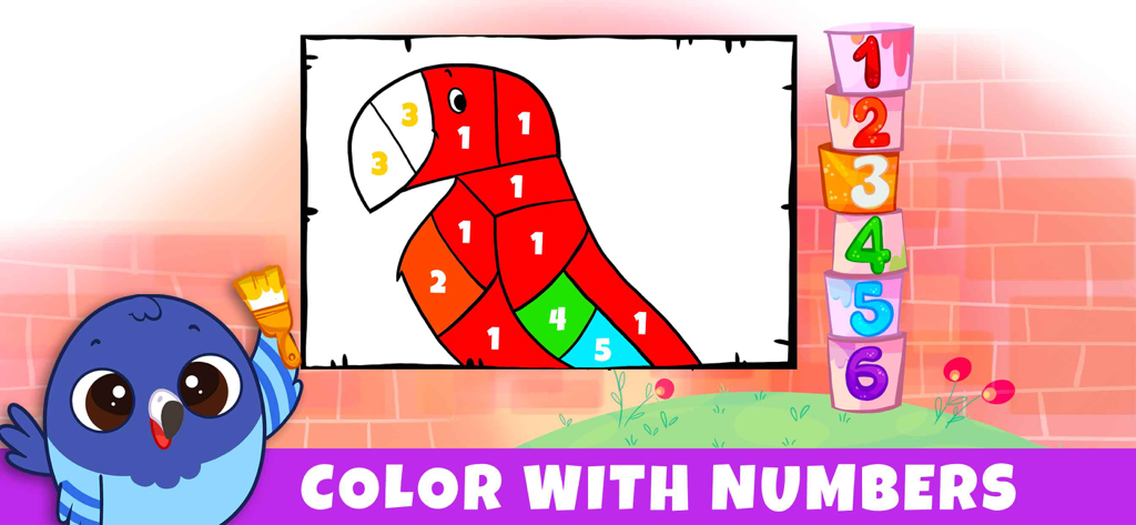 Bibi Numbers 123 - Kids Games - Educational color by numbers activity for kids featuring a parrot and a blue bird character