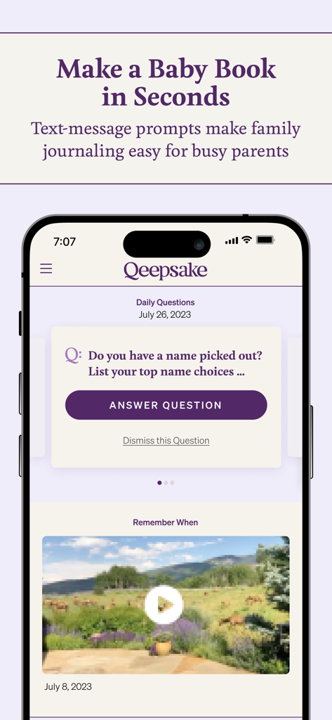 Qeepsake: Journal & Milestones - Qeepsake app interface displaying a daily question prompt and memory feed for creating a baby book.