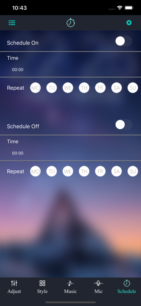 LotusLanternX app interface showing options to schedule LED light times