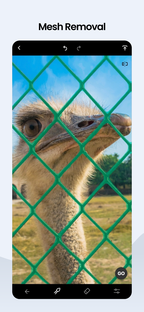Interfaz de la aplicación TouchRetouch que muestra una foto de un avestruz detrás de una valla de malla verde con la herramienta de eliminación de malla activa