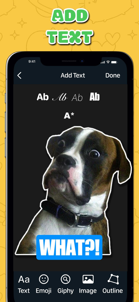 Interface showing how to add custom text to a funny dog meme sticker in the AI Sticker Maker app.