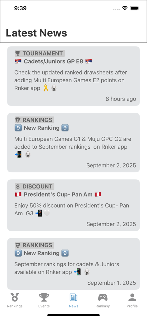 Feed de noticias de la aplicación Rnker mostrando actualizaciones de torneos y rankings de Taekwondo