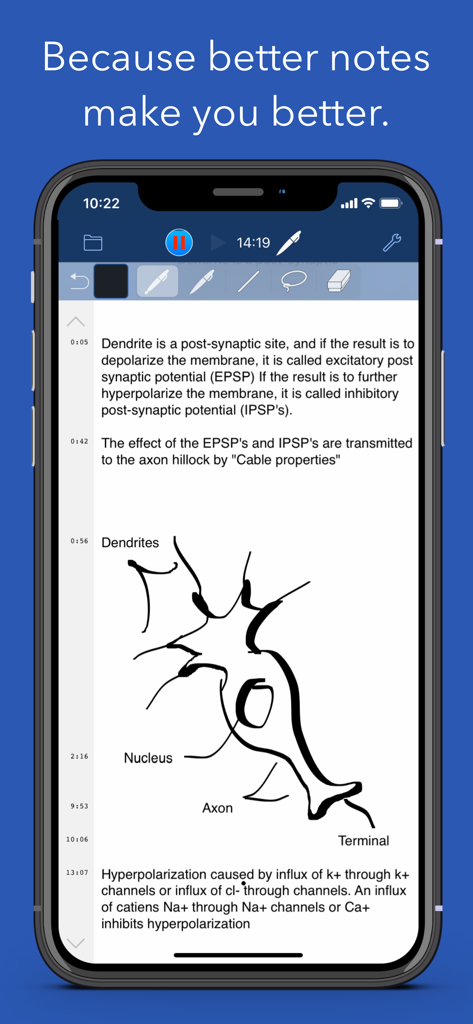 AudioNote 2 mobile app showing handwritten biology notes and a neuron diagram with timestamps for audio recording.