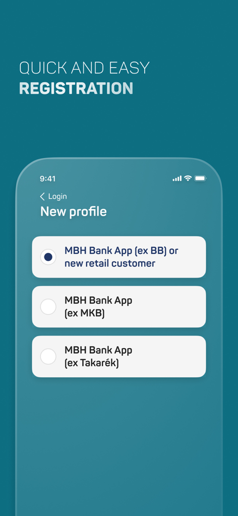 Pantalla de registro de la aplicación MBH Bank que muestra la selección de perfil para clientes nuevos y existentes