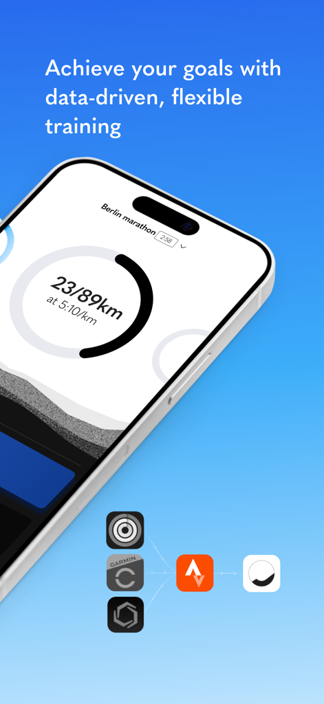 Kaizen | Data-Driven Running - Smartphone screen of Kaizen app showing marathon training progress and data syncing with Strava and Garmin