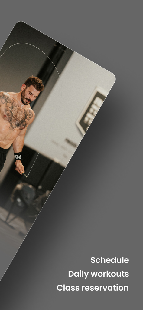 Athlete skipping rope with text highlighting gym schedule daily workouts and class reservations