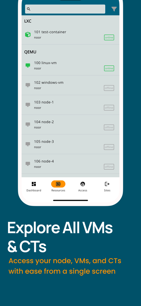 Proxmox VE Companion - Proxmox VE Companion app showing a list of virtual machines and containers with their online and offline status