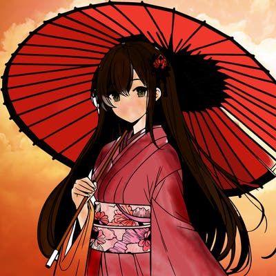 anime style long hair mature woman wearing short kimono holding japanese umbrella