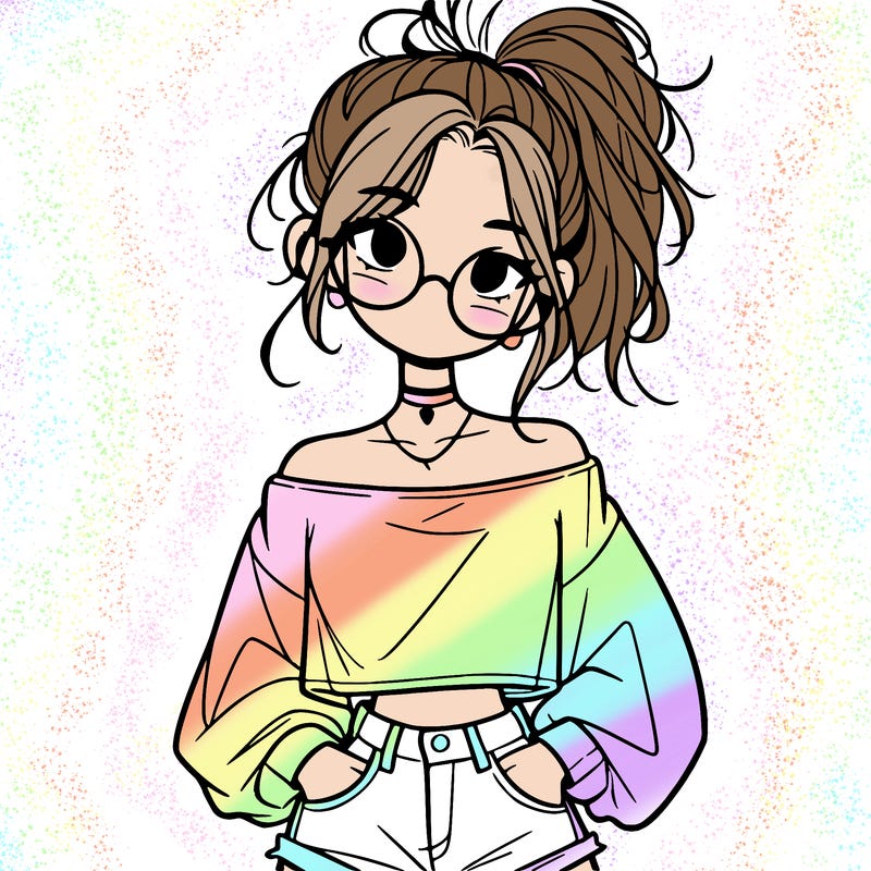 girl with a messy ponytail glasses a baggy crop top and jean shorts